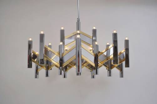 Sciolari chandelier `Chevron` large 21 lights brass & chrome, 1970`s, Italian